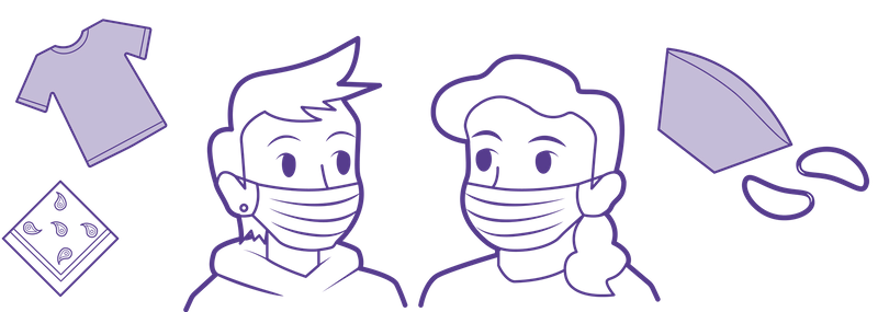 illustration of people wearing masks made out of t-shirts, bandanas, and coffee filters with rubber bands